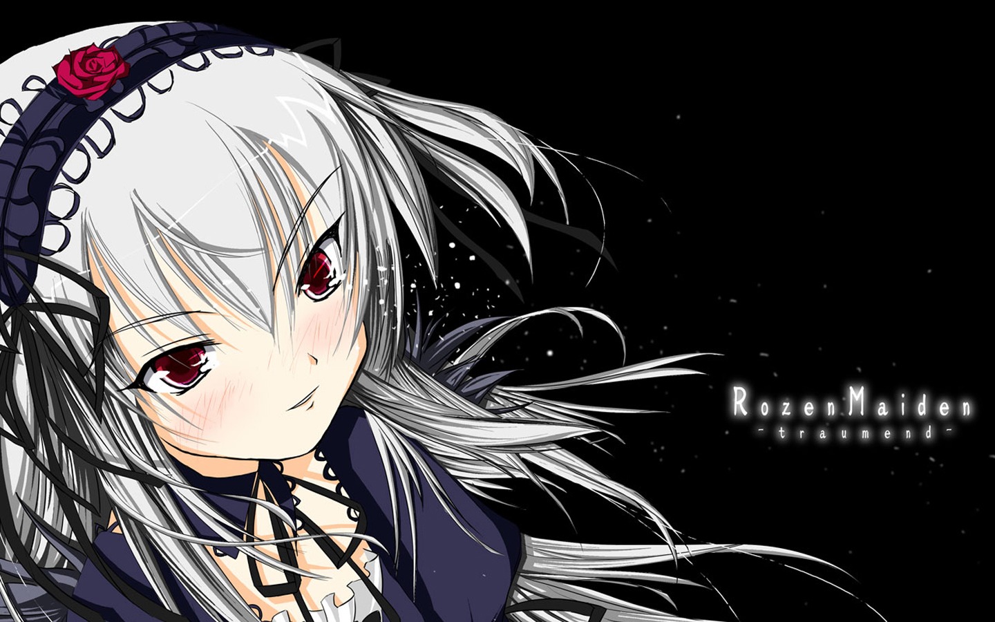 1girl black_background blush dress flower frills hairband image long_hair looking_at_viewer red_eyes rose silver_hair smile solo suigintou