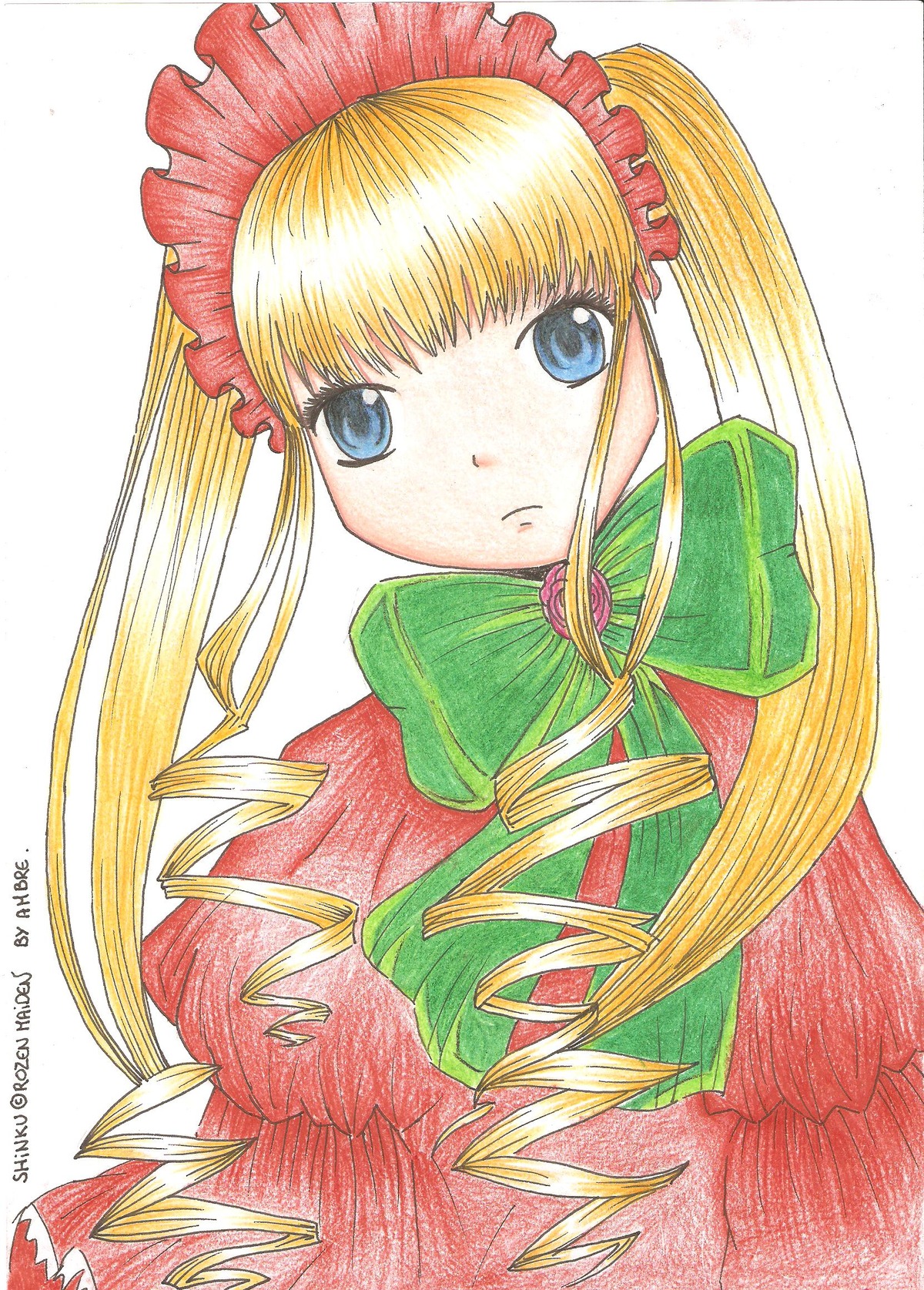 1girl blonde_hair blue_eyes bonnet bow bowtie dress drill_hair green_bow green_neckwear image long_hair long_sleeves looking_at_viewer marker_(medium) red_dress ringlets shinku sidelocks simple_background solo traditional_media twin_drills twintails white_background