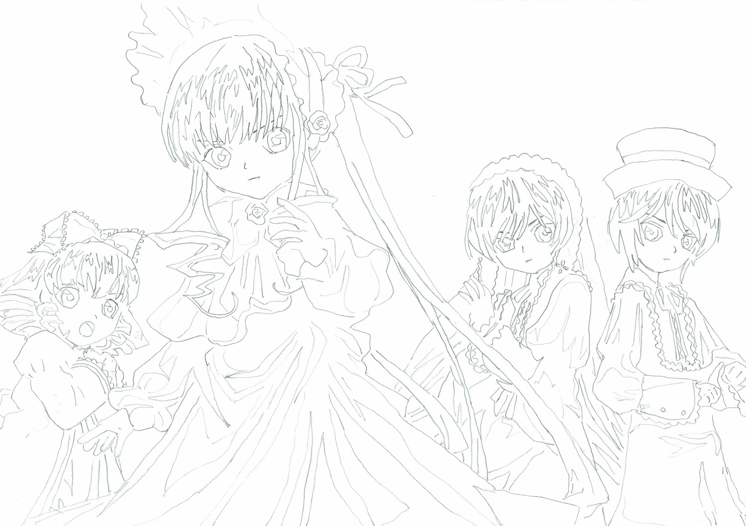 4girls dress flower frills hat image long_hair long_sleeves looking_at_viewer monochrome multiple multiple_girls shinku short_hair souseiseki standing suigintou suiseiseki tagme top_hat very_long_hair