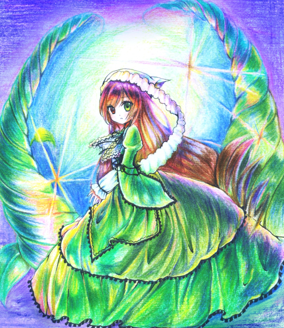 1girl brown_hair colorful dress drill_hair frills green_dress green_eyes hat heterochromia image long_hair long_sleeves looking_at_viewer solo standing suiseiseki traditional_media very_long_hair watercolor_(medium)