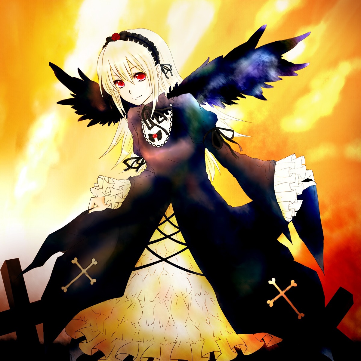 1girl auto_tagged black_wings blonde_hair cross dress frilled_sleeves frills hairband image long_hair long_sleeves looking_at_viewer red_eyes smile solo suigintou wings