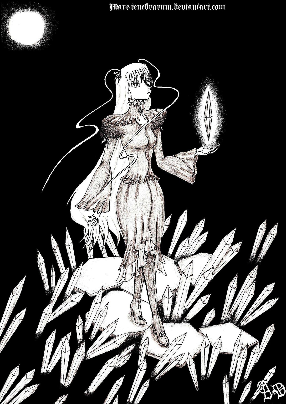 1girl artist_name barasuishou dress full_body greyscale image long_hair monochrome moon solo standing