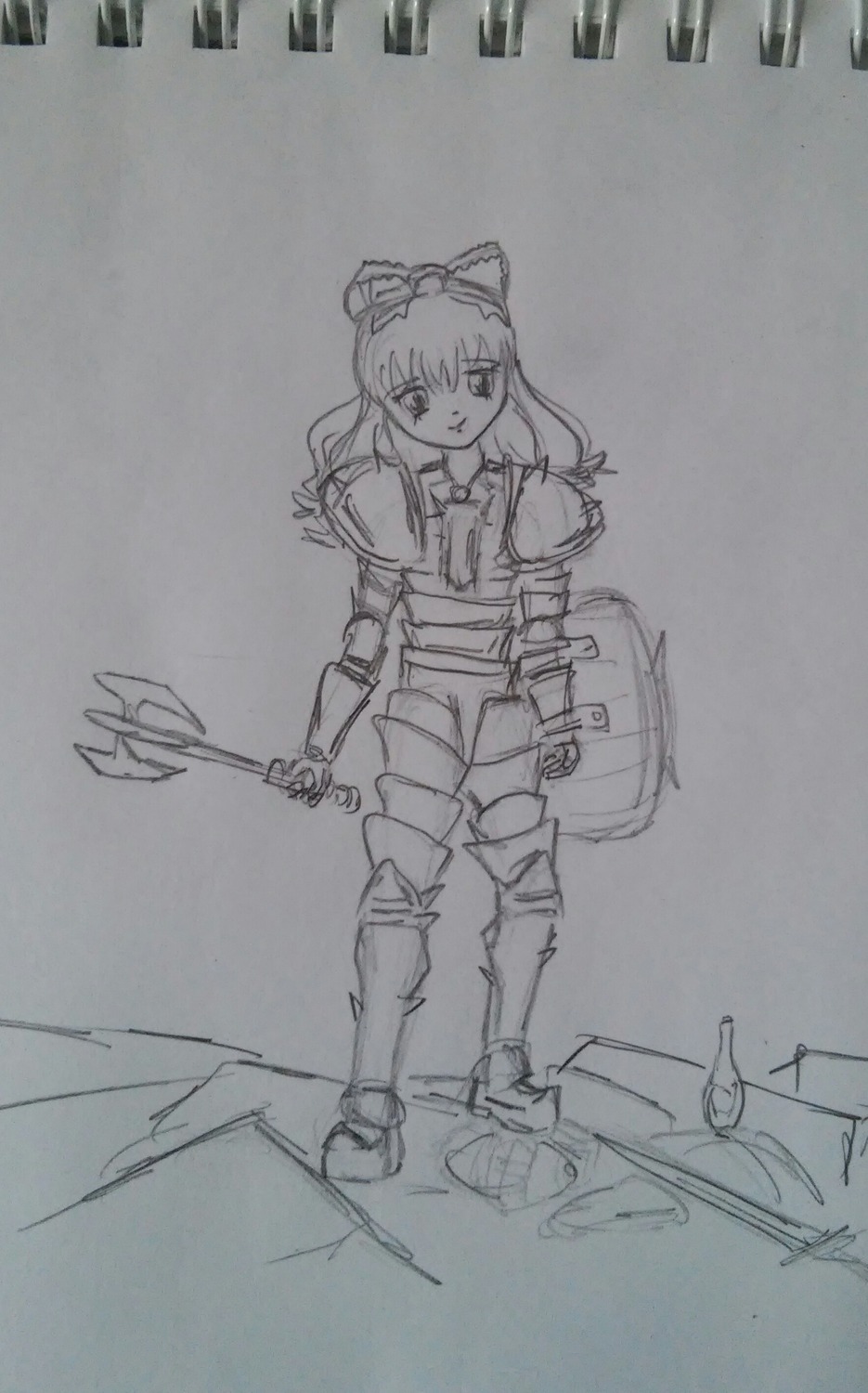 1girl armor boots bow greyscale hair_bow hinaichigo image long_hair monochrome sketch solo standing traditional_media weapon