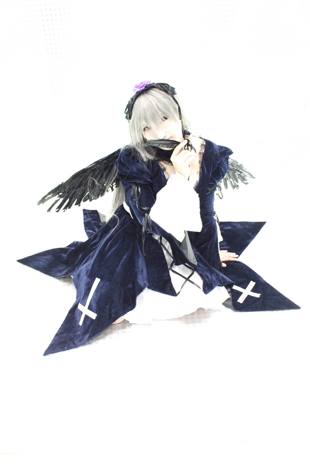 1girl armor armored_dress dress long_sleeves solo suigintou weapon white_background wings
