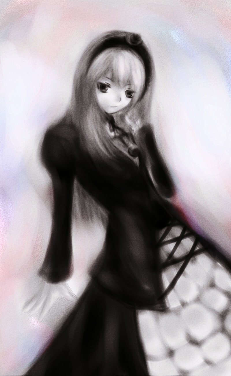 1girl bangs black_dress closed_mouth dress greyscale image long_hair long_sleeves looking_at_viewer monochrome smile solo standing suigintou