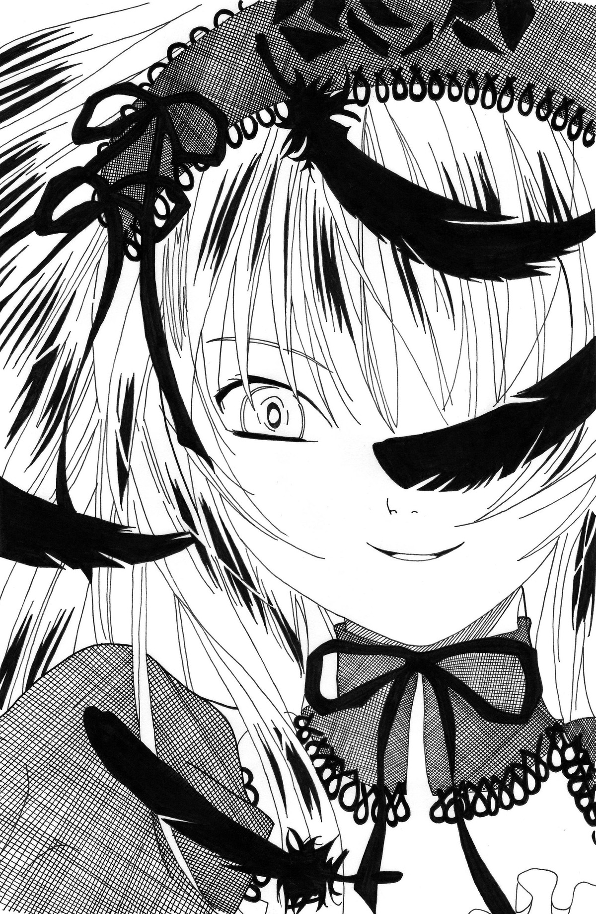 1girl feathers greyscale image long_hair looking_at_viewer monochrome neck_ribbon ribbon smile solo suigintou