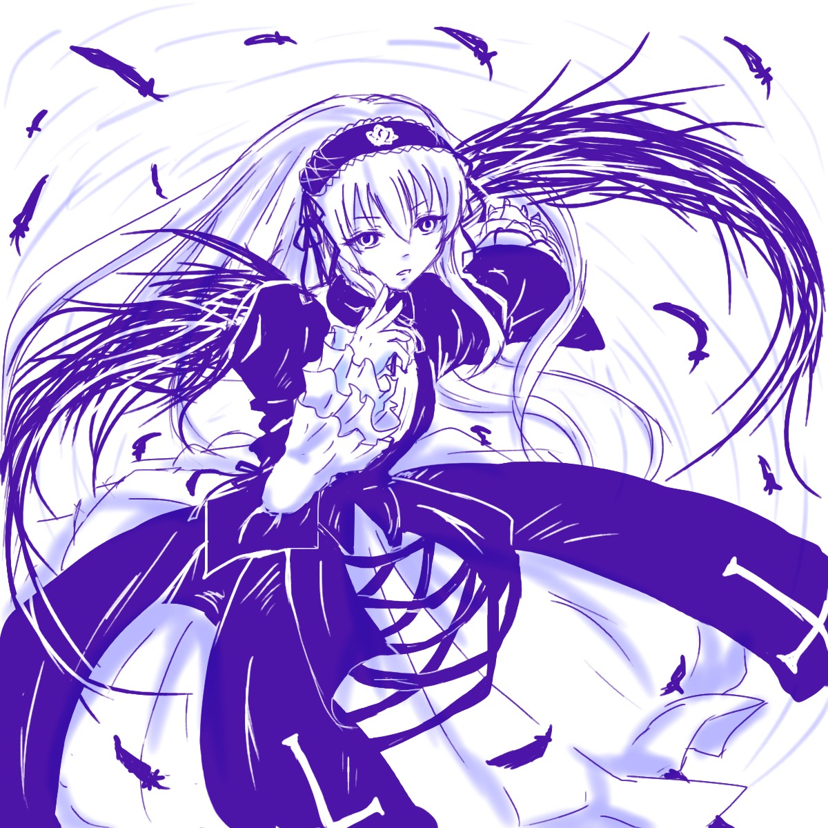 1girl bird black_feathers bug butterfly dress feathers flower frilled_sleeves frills hairband image insect long_hair long_sleeves looking_at_viewer monochrome ribbon solo suigintou very_long_hair wings