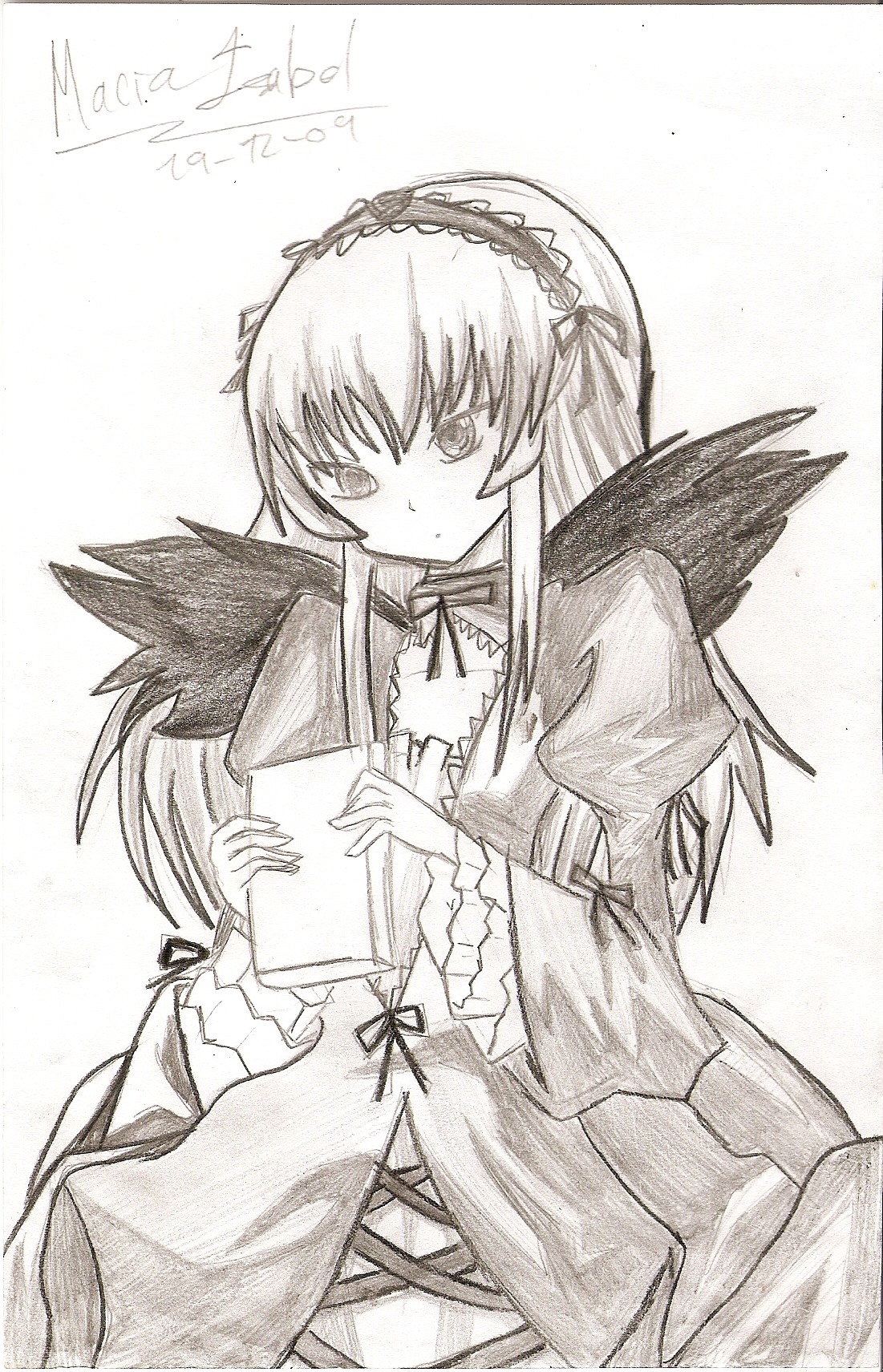 1girl closed_mouth detached_collar dress frilled_sleeves frills greyscale hairband holding image long_hair long_sleeves monochrome ribbon simple_background sitting solo suigintou traditional_media very_long_hair white_background wings