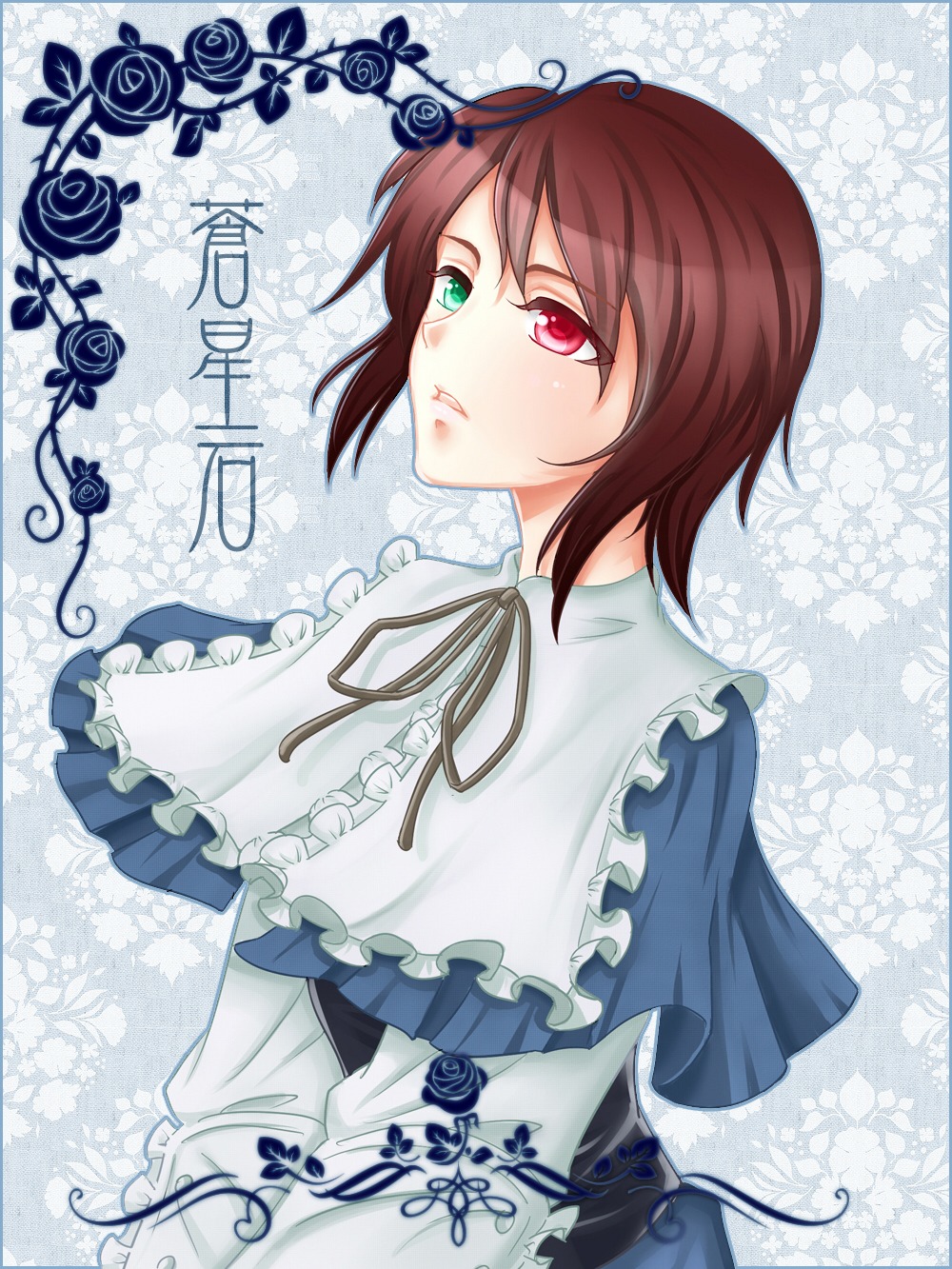 1girl brown_hair dress floral_background flower frills green_eyes heterochromia image long_sleeves looking_at_viewer red_eyes ribbon rose short_hair solo souseiseki suiseiseki