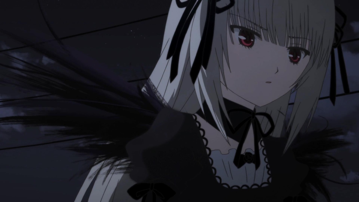 1girl bangs black_ribbon black_wings closed_mouth dress eyebrows_visible_through_hair frills hair_ribbon image long_hair long_sleeves looking_at_viewer red_eyes ribbon silver_hair solo suigintou upper_body