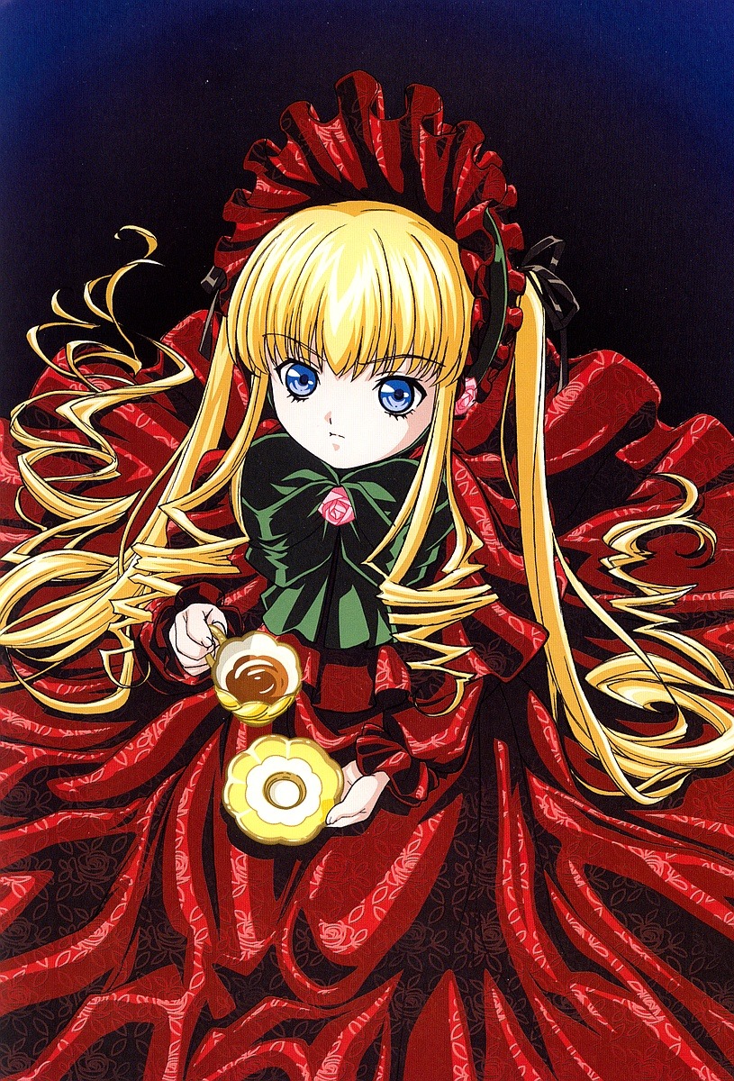 1girl blonde_hair blue_eyes bonnet bow bowtie cup dress flower green_bow green_neckwear holding_cup image long_hair long_sleeves looking_at_viewer red_capelet red_dress rose shinku sitting solo teacup very_long_hair