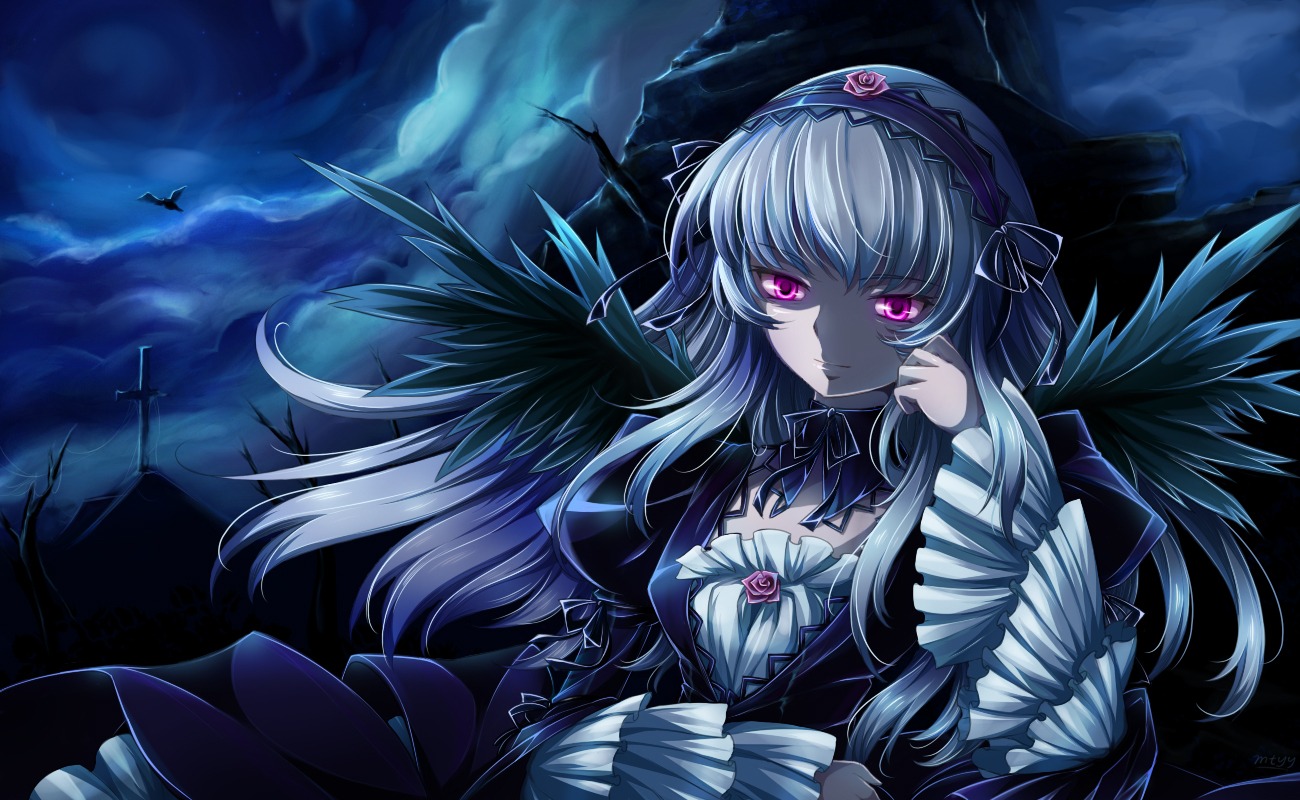 1girl black_wings commentary_request dress feathers flower frilled_sleeves frills hairband image long_hair long_sleeves looking_at_viewer moon mtyy night photoshop_(medium) pink_eyes purple_eyes purple_flower purple_rose ribbon rose rozen_maiden silver_hair sky solo suigintou white_hair wings