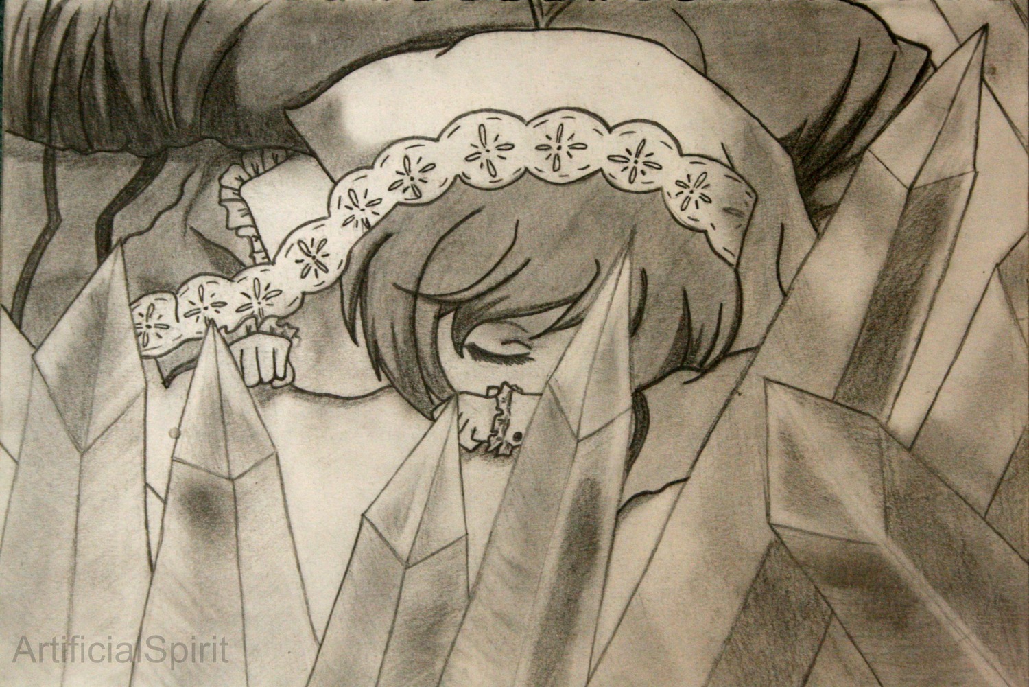 1girl flower graphite_(medium) greyscale image letter monochrome solo suiseiseki traditional_media