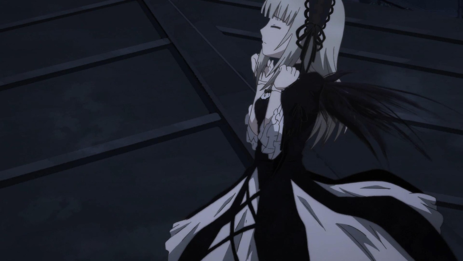 1girl bangs black_wings closed_eyes closed_mouth dress frills hairband image long_hair long_sleeves monochrome profile ribbon rose solo suigintou very_long_hair wings