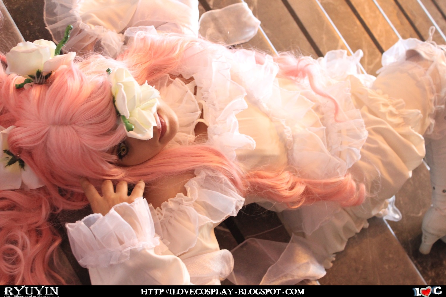 1girl dress flower frills kirakishou long_hair lying pink_hair rose solo