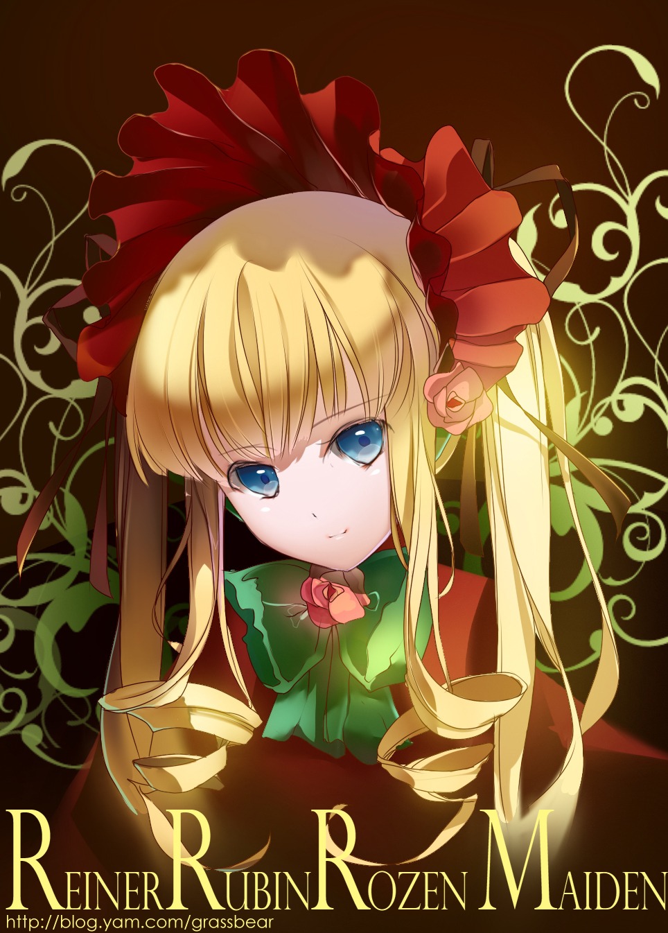 1girl bangs blonde_hair blue_eyes blue_hair bow bowtie cao_xiong commentary_request copyright_name cup dress english_text flower german_text gothic_lolita green_bow headdress highres image lolita_fashion long_hair long_sleeves looking_at_viewer photoshop_(medium) plant rose rozen_maiden shinku sidelocks solo translated twintails