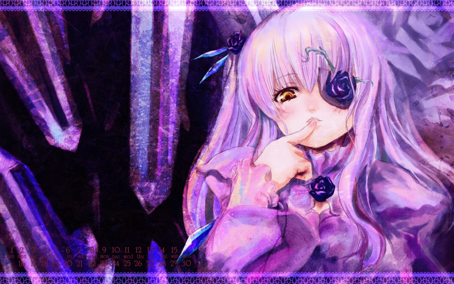 1girl artist_name barasuishou eyepatch finger_to_mouth flower image long_hair long_sleeves looking_at_viewer purple_theme rose solo upper_body yellow_eyes