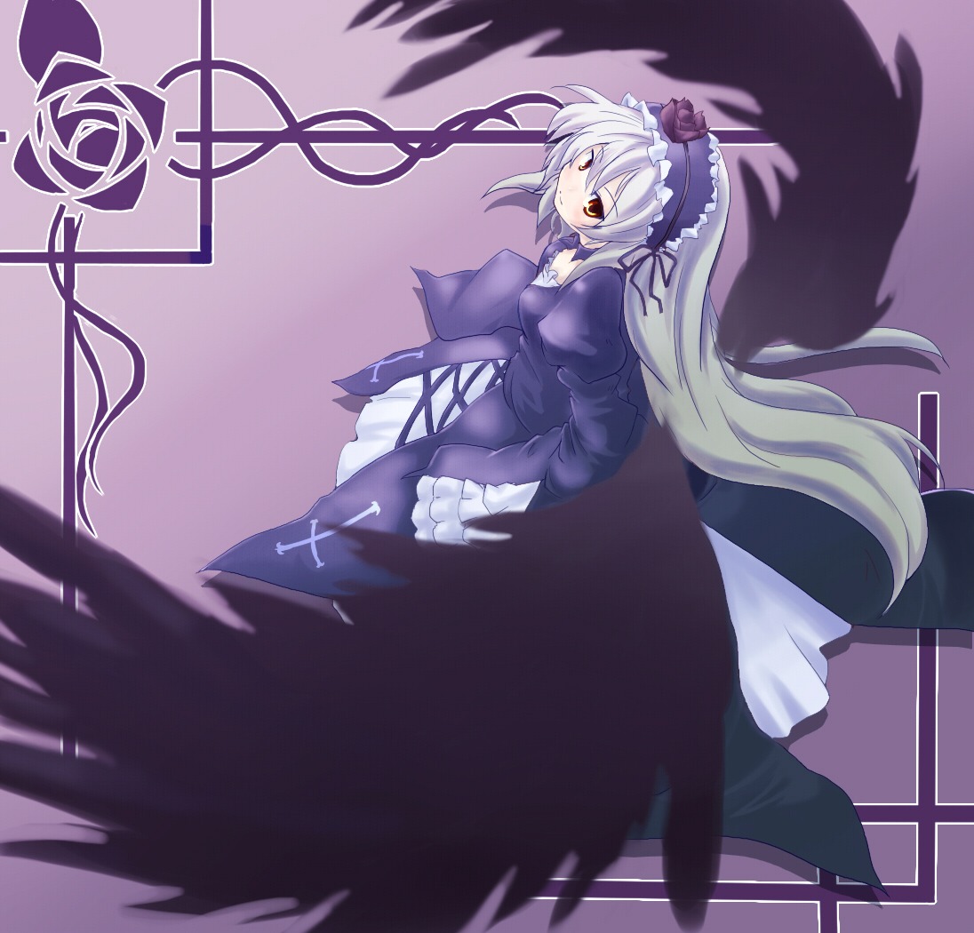 1girl amagase_lyle angel_wings black_wings commentary_request dress feathered_wings feathers flower frills gothic_lolita hairband image juliet_sleeves lolita_fashion long_hair long_sleeves looking_at_viewer puffy_sleeves purple_background purple_rose red_eyes rose rozen_maiden silver_hair solo standing suigintou very_long_hair white_hair wings yellow_eyes