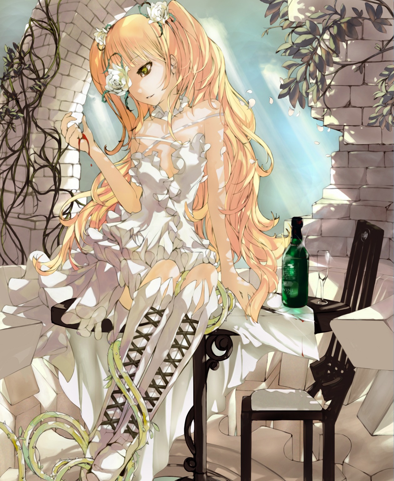 1girl bare_arms bare_shoulders blonde_hair blood blood_on_hands blood_on_knife boots bottle chair commentary_request cross-laced_footwear cup desk dress drinking_glass entangled eyepatch flower flower_over_eye glass hair_flower hair_ornament highres image kirakishou knee_boots knife lolita_fashion long_hair nyami on_desk overgrown photoshop_(medium) plant rose rozen_maiden sitting sleeveless sleeveless_dress solo table thighhighs twintails very_long_hair vines wall white_dress white_flower white_footwear white_rose wine_bottle wine_glass yellow_eyes