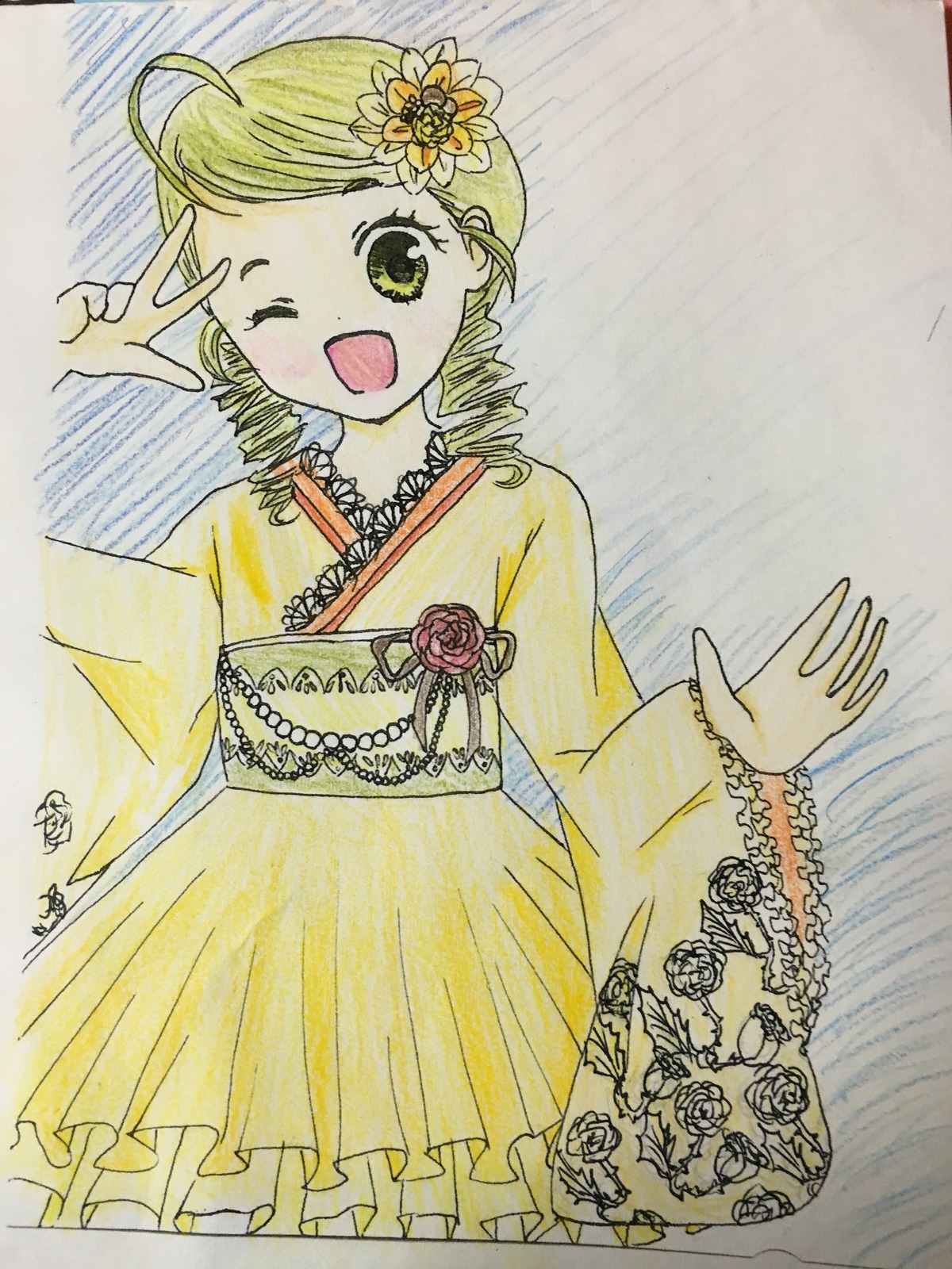 1girl blonde_hair dress drill_hair flower hair_ornament image kanaria one_eye_closed open_mouth smile solo tomoe_mami traditional_media twin_drills waving yellow_eyes