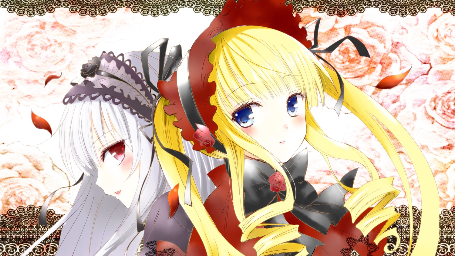 2girls bad_id bad_pixiv_id blonde_hair blue_eyes blush bonnet bow drill_hair flower frills hairband highres image long_hair looking_at_viewer multiple_girls natsupa pair petals photoshop_(medium) red_eyes ringlets rose rozen_maiden shinku silver_hair smile suigintou twin_drills twintails