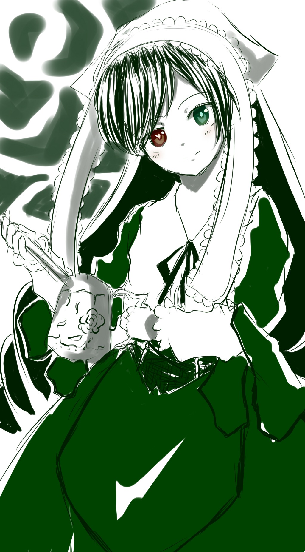1girl bangs dress frills green_eyes green_theme heterochromia holding image long_hair long_sleeves looking_at_viewer monochrome red_eyes ribbon simple_background solo spot_color suiseiseki