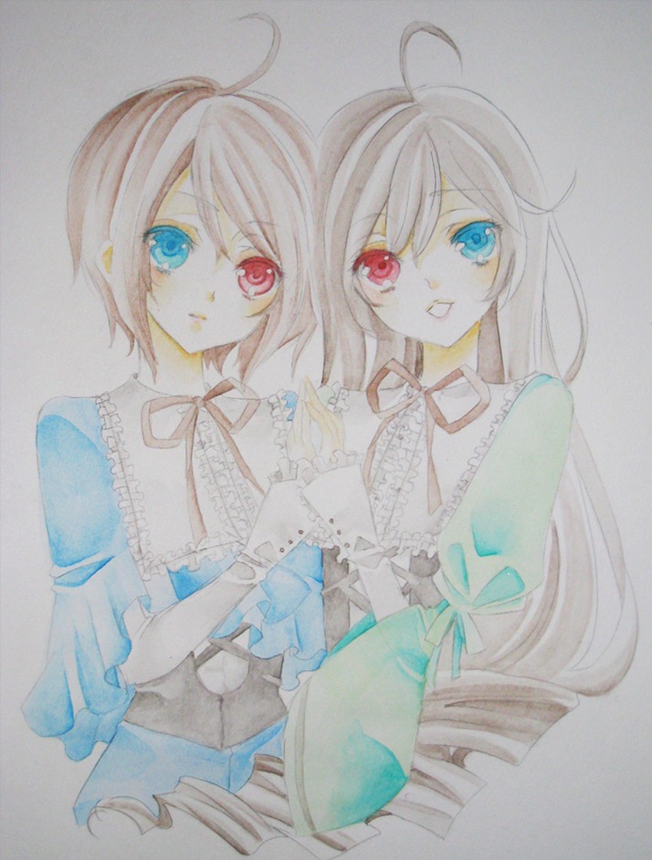 2girls ahoge blue_eyes heterochromia image long_hair multiple_girls pair red_eyes short_hair siblings sisters smile souseiseki suiseiseki traditional_media twins watercolor_(medium)