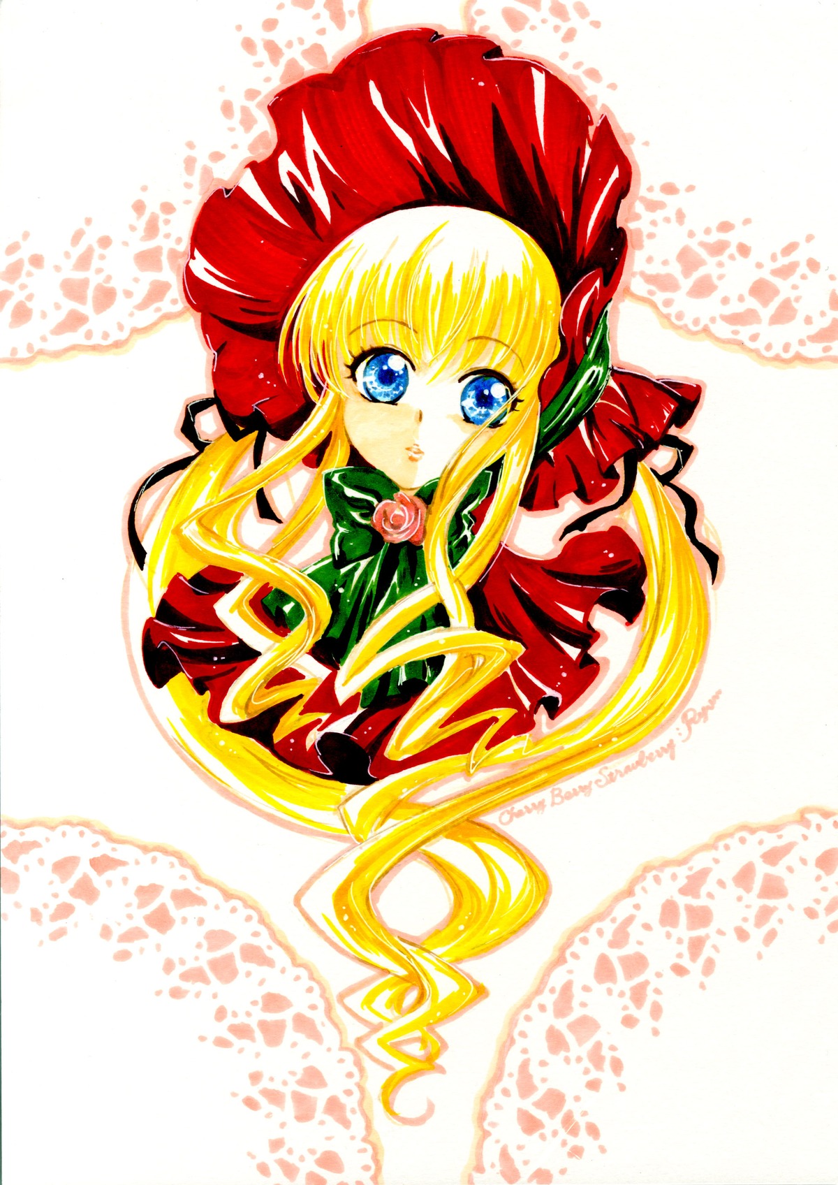 1girl blonde_hair blue_eyes bonnet bow bowtie dress flower green_bow image long_hair long_sleeves looking_at_viewer pink_flower pink_rose red_dress rose shinku sidelocks solo