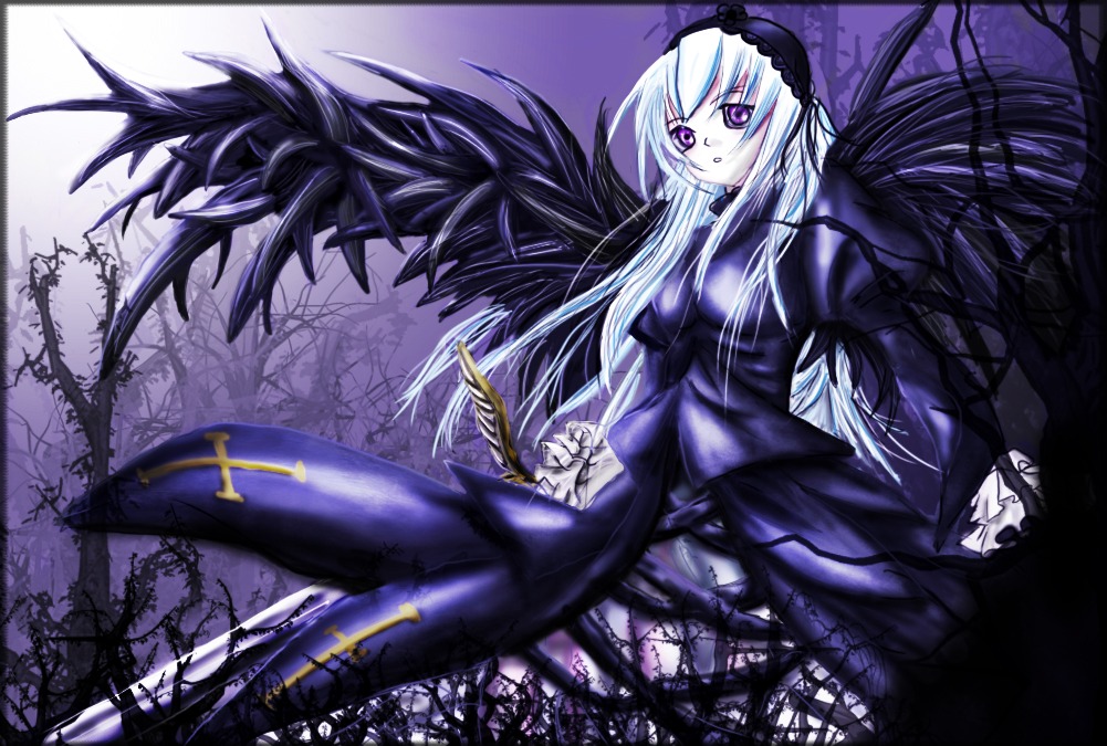 1girl black_wings dress frills hairband image long_hair long_sleeves looking_at_viewer purple_eyes rose silver_hair sky solo suigintou tree very_long_hair wings