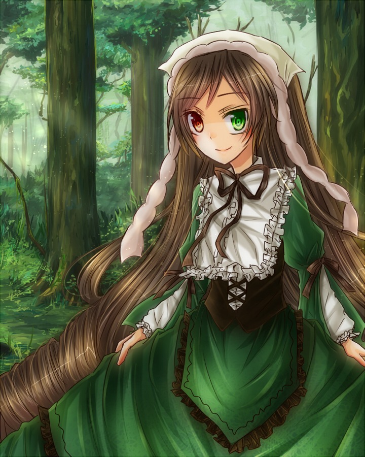 1girl brown_hair corset dress forest frills green_dress green_eyes head_scarf heterochromia image long_hair long_sleeves looking_at_viewer nature outdoors red_eyes skirt_hold smile solo suiseiseki tree very_long_hair