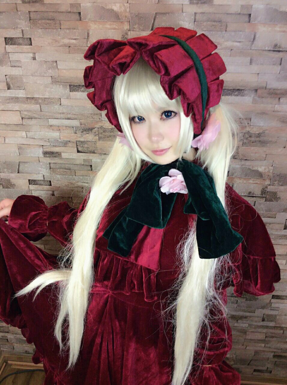 1girl blonde_hair blue_eyes bonnet bow closed_mouth dress lolita_fashion long_hair long_sleeves looking_at_viewer red_dress shinku smile solo traditional_media very_long_hair