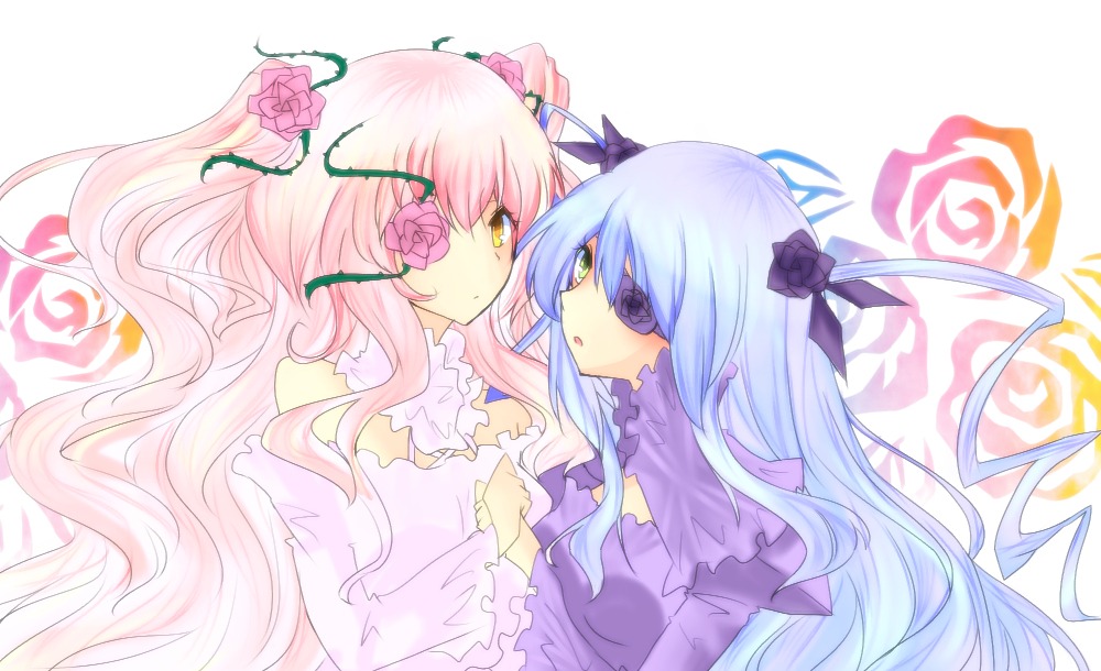 2girls barasuishou dress eyepatch flower hair_flower hair_ornament image kirakishou long_hair multiple_girls pair pink_flower pink_hair pink_rose purple_rose red_rose ribbon rose thorns yellow_eyes