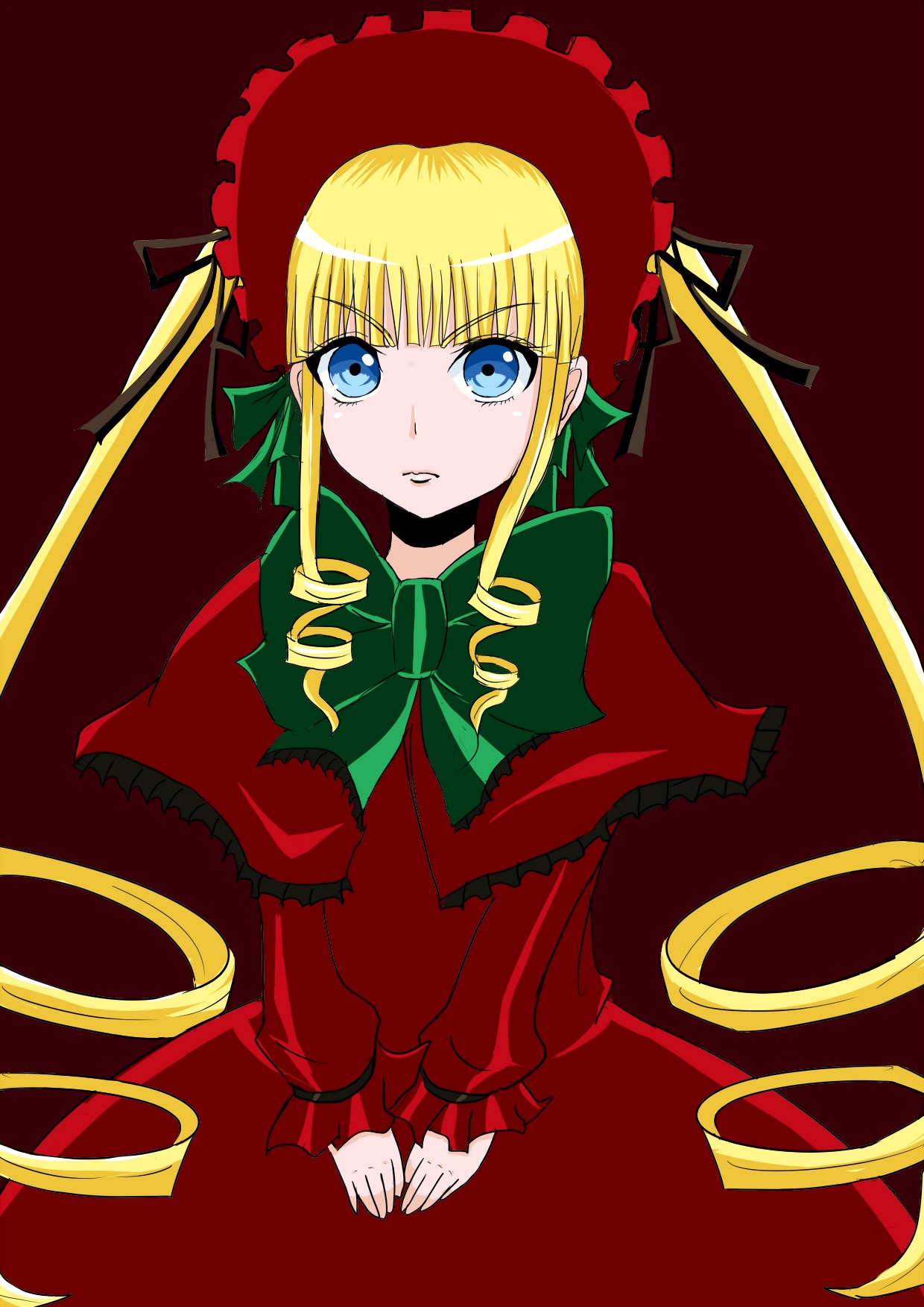 1girl blonde_hair blue_eyes bonnet bow bowtie capelet dress green_bow green_neckwear image long_hair long_sleeves looking_at_viewer red_dress shinku simple_background solo twintails v_arms very_long_hair