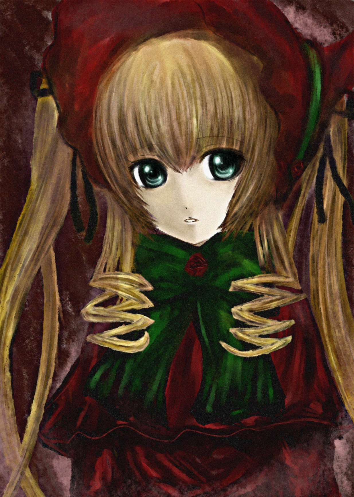 1girl blonde_hair blue_eyes bow bowtie dress drill_hair flower hat image long_hair long_sleeves looking_at_viewer marker_(medium) parted_lips rose shinku simple_background solo traditional_media twintails upper_body