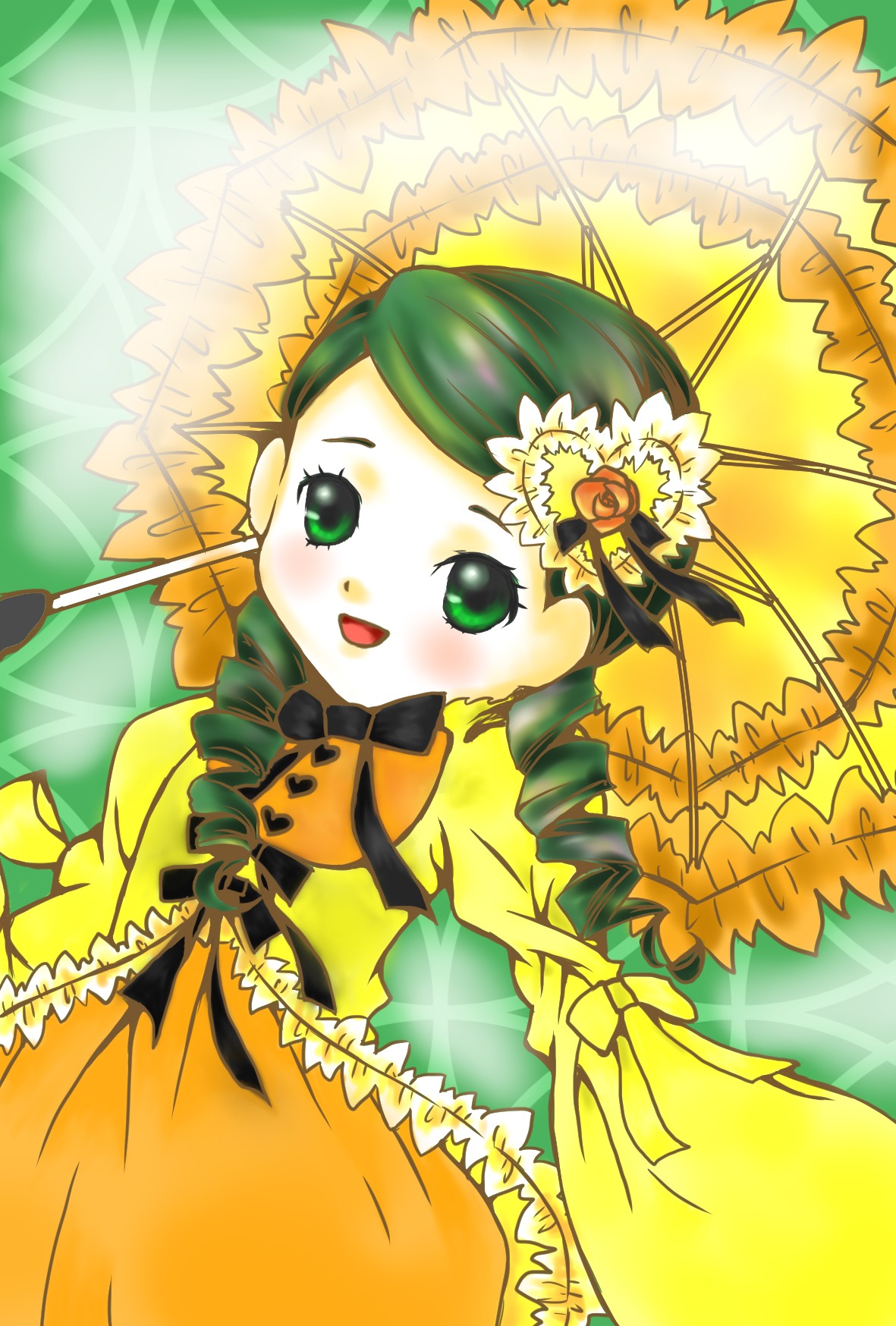 1girl :d blush bow dress drill_hair flower frills green_eyes green_hair hair_ornament holding holding_umbrella image kanaria lace long_sleeves looking_at_viewer open_mouth parasol ribbon smile solo umbrella yellow_dress
