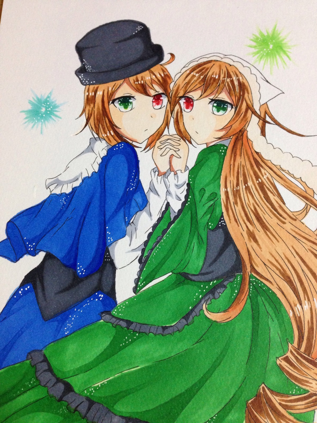 2girls blue_dress brown_hair capelet dress green_dress green_eyes hat head_scarf heterochromia holding_hands image interlocked_fingers long_hair long_sleeves looking_at_viewer multiple_girls pair red_eyes short_hair siblings sisters smile souseiseki suiseiseki twins very_long_hair