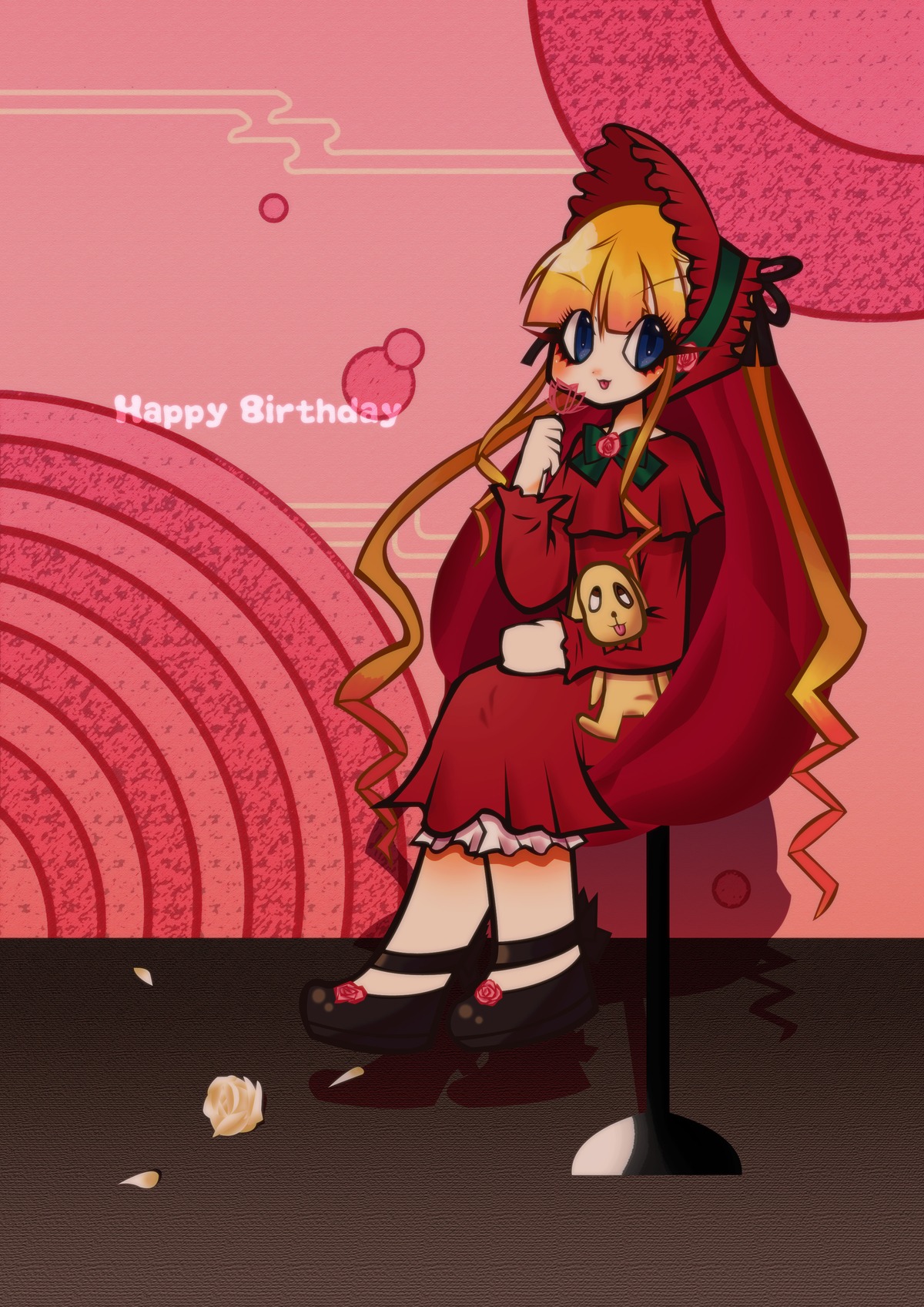 1girl blonde_hair blue_eyes bonnet bow cup dress flower full_body image long_hair long_sleeves red_dress shinku shoes solo teacup very_long_hair