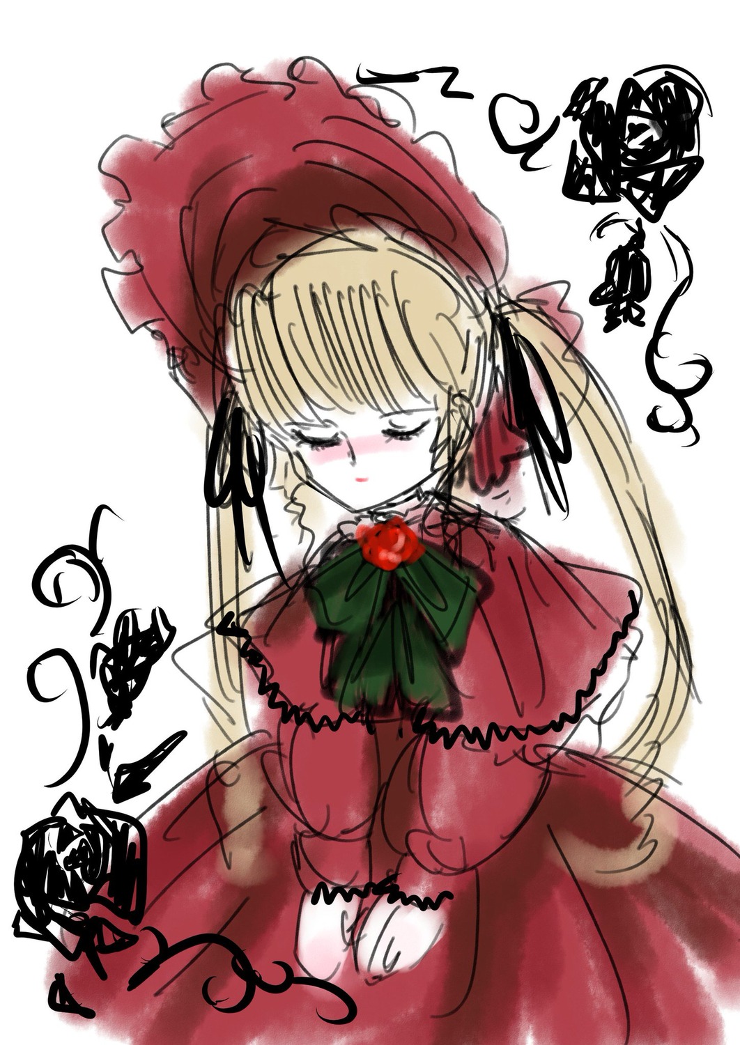 1girl blonde_hair blush bonnet bow bowtie closed_eyes dress flower image long_hair long_sleeves red_dress rose shinku simple_background solo twintails very_long_hair white_background