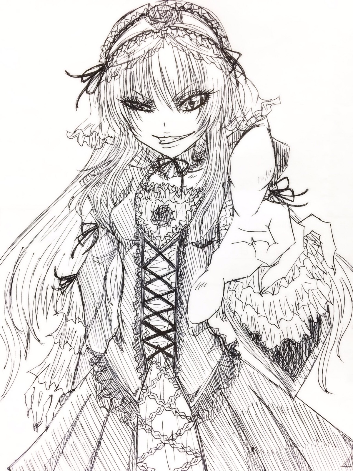 1girl cross-laced_clothes dress frills gothic_lolita greyscale grin hairband image lolita_fashion lolita_hairband long_hair long_sleeves looking_at_viewer monochrome smile solo suigintou traditional_media