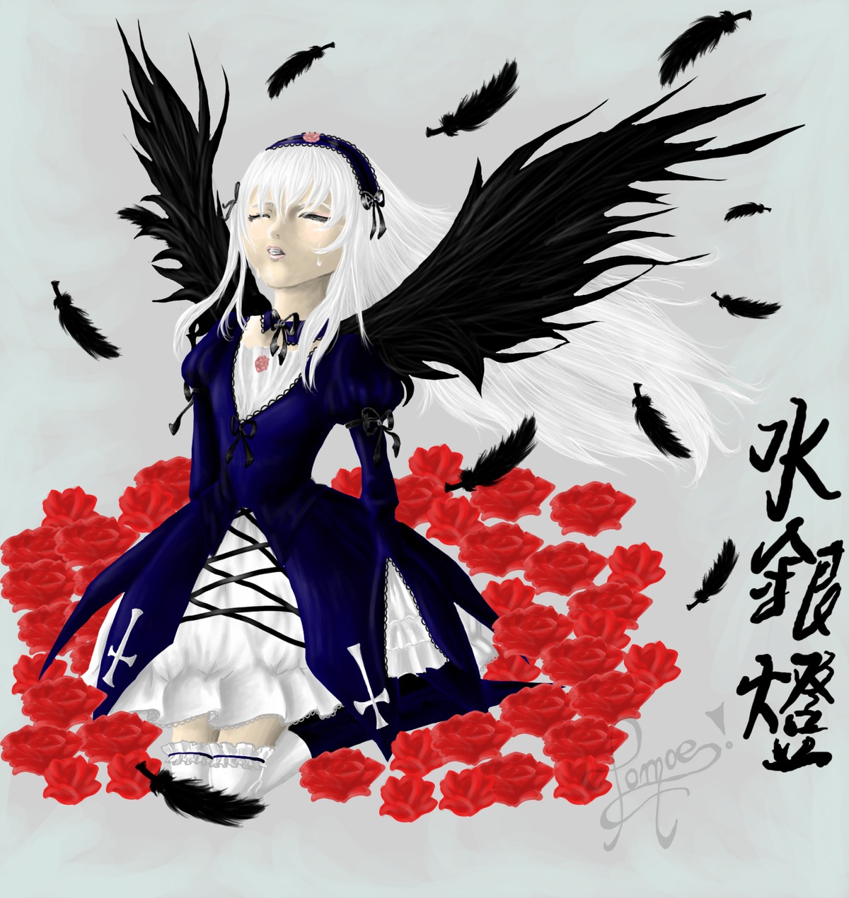 1girl bird black_feathers black_wings blood closed_eyes crow dove dress feathered_wings feathers flower frills hairband image long_hair long_sleeves red_flower red_rose rose seagull silver_hair solo suigintou white_feathers wings