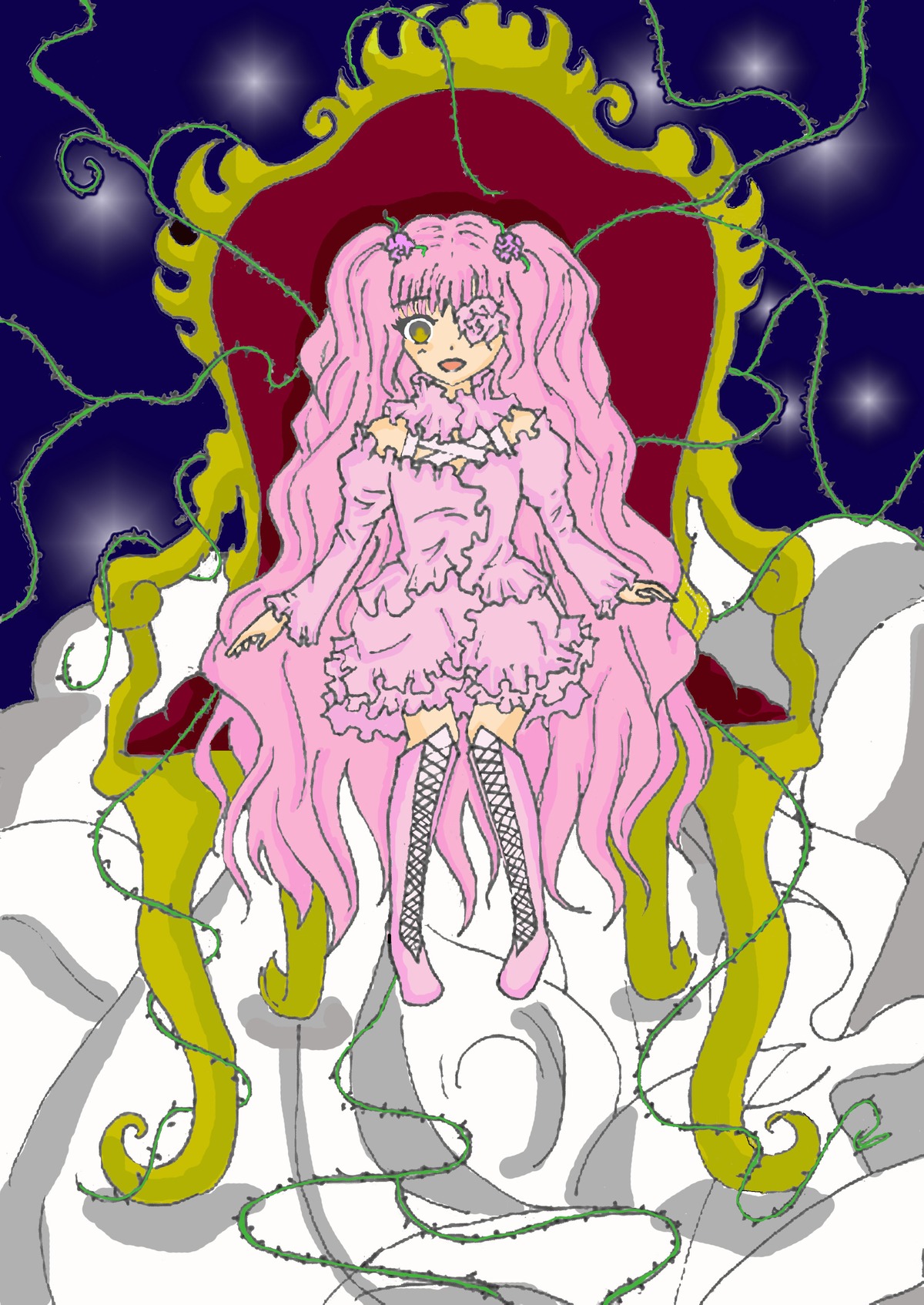 1girl boots cross-laced_footwear dress flower full_body image kirakishou knee_boots long_hair long_sleeves looking_at_viewer one_eye_closed open_mouth pink_hair plant puffy_sleeves ribbon sitting smile solo thighhighs two_side_up very_long_hair vines yellow_eyes