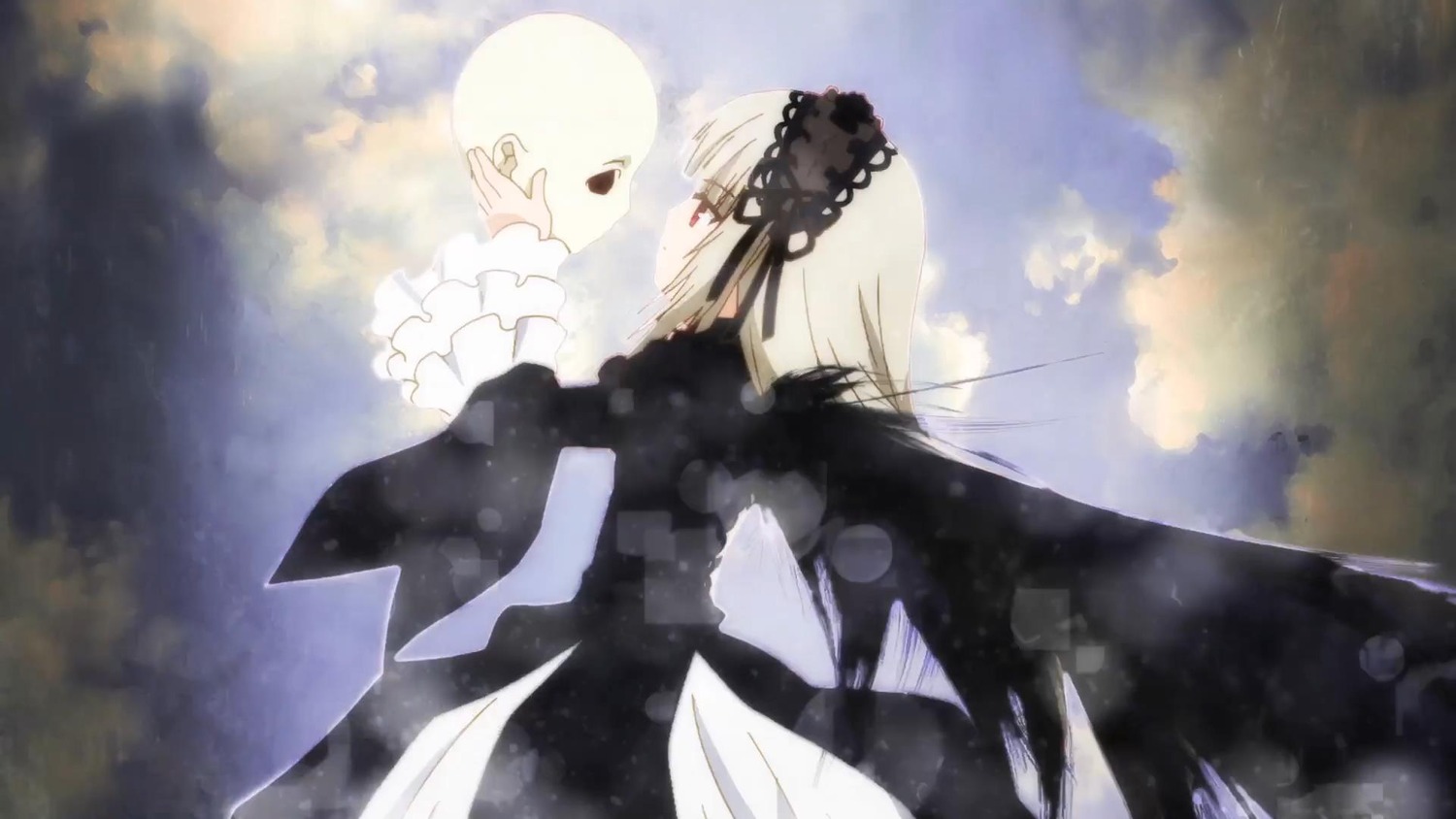 1girl bangs black_ribbon cloud cloudy_sky dress frilled_sleeves frills hairband image long_hair long_sleeves outdoors profile red_eyes ribbon silver_hair sky solo suigintou wings