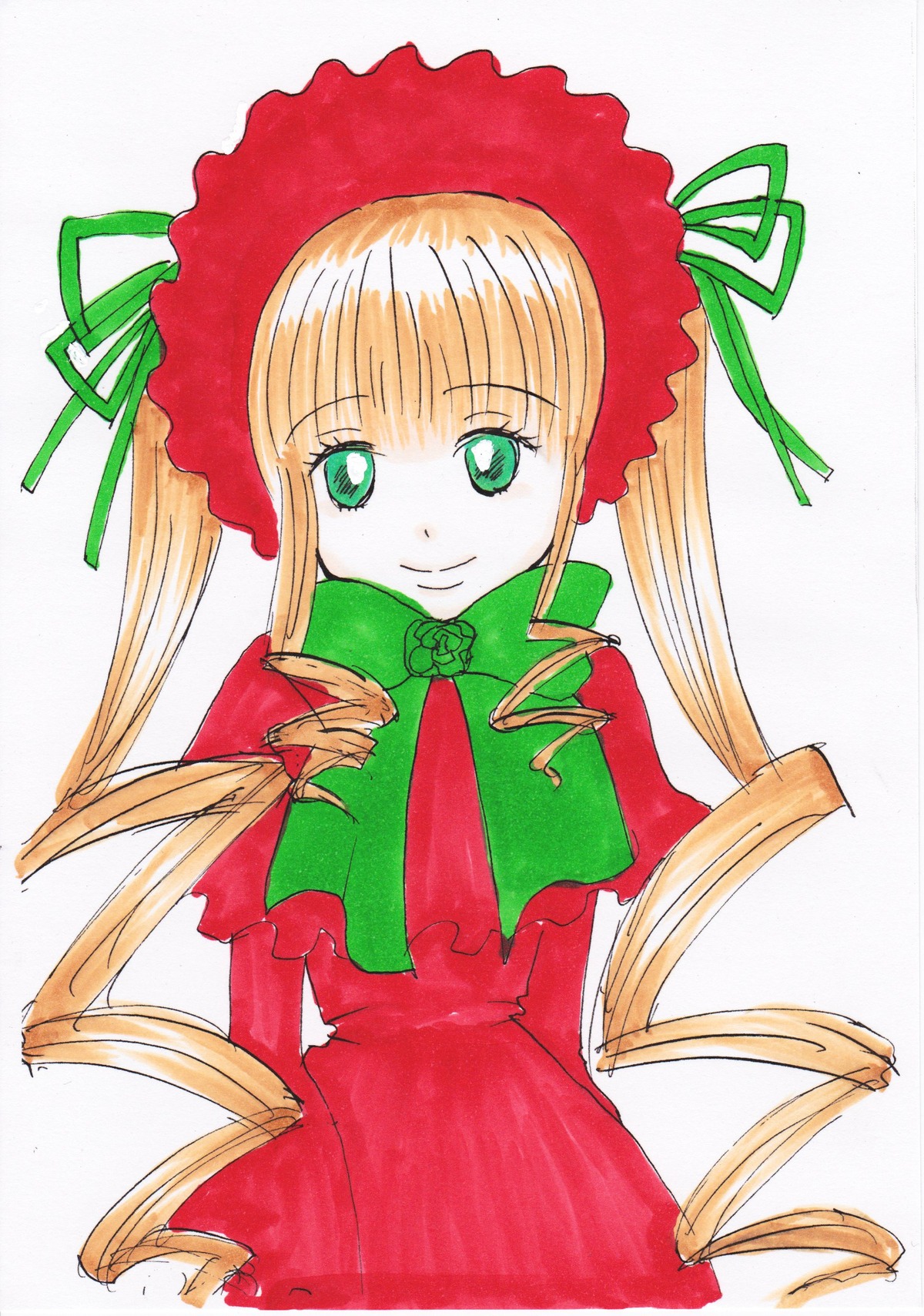 1girl blonde_hair bonnet bow bowtie cup dress drill_hair flower frills green_bow green_eyes image long_hair long_sleeves looking_at_viewer rose shinku sidelocks simple_background smile solo traditional_media upper_body very_long_hair white_background