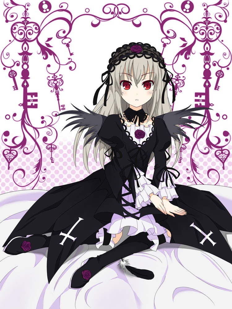 1girl black_dress blush dress flower frills gothic_lolita hairband image juliet_sleeves lolita_fashion lolita_hairband long_hair long_sleeves looking_at_viewer puffy_sleeves red_eyes ribbon rose silver_hair sitting solo suigintou wings