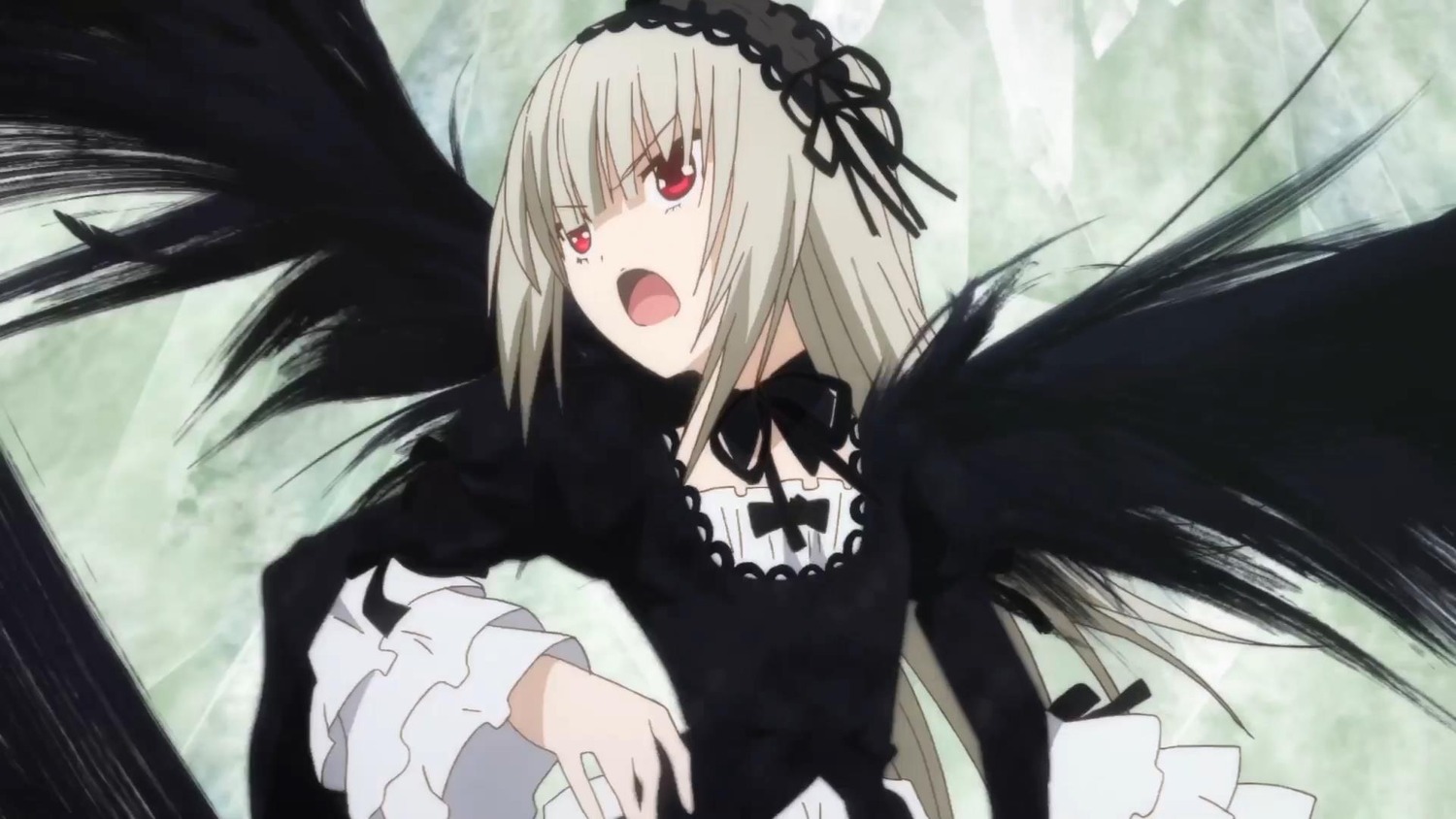 1girl bangs black_dress black_ribbon black_wings detached_collar dress feathered_wings frilled_sleeves frills hairband image long_hair long_sleeves open_mouth red_eyes ribbon silver_hair solo suigintou upper_body very_long_hair wings