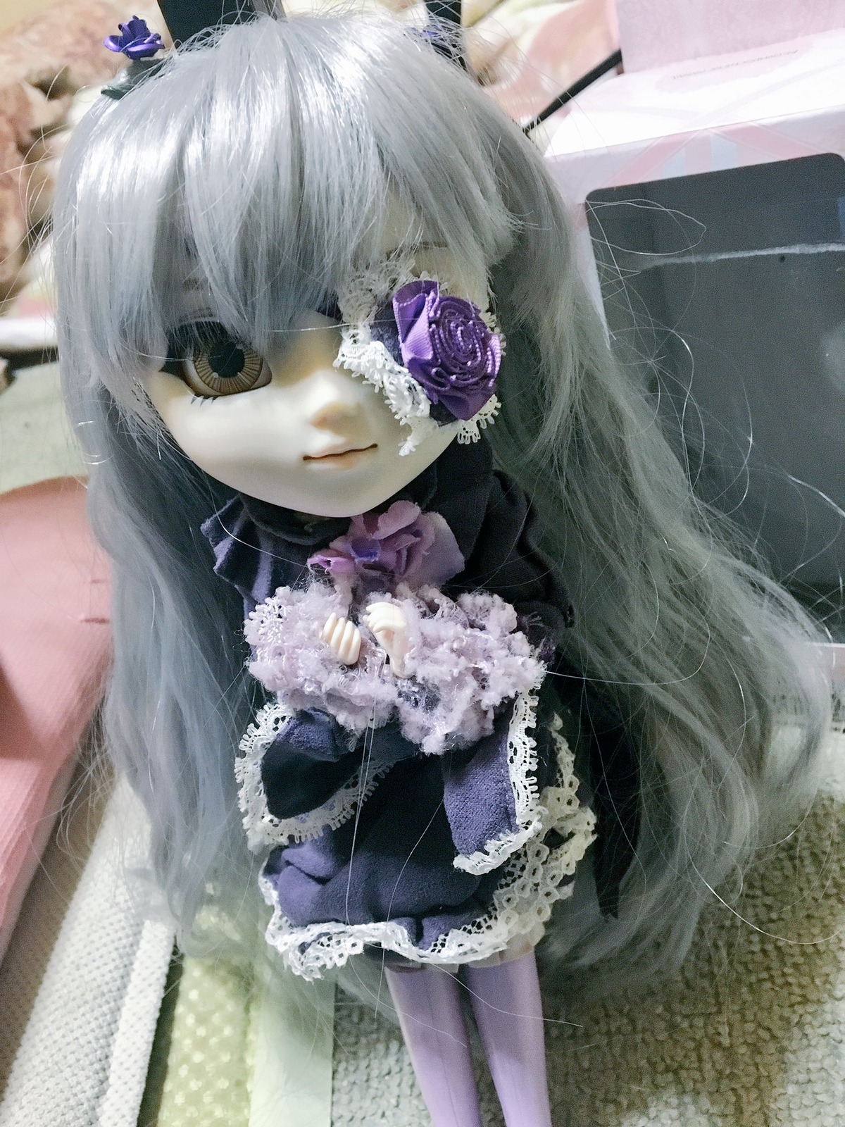 1girl barasuishou black_dress butterfly doll dress flower frills gothic_lolita insect long_hair purple_flower rose solo