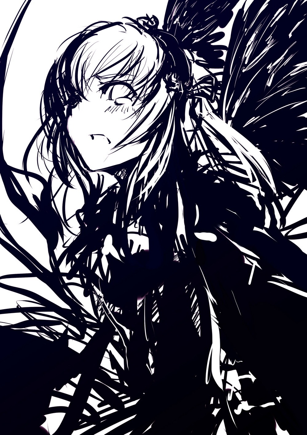 1girl blush closed_mouth feathered_wings greyscale image long_hair looking_at_viewer monochrome solo suigintou upper_body white_background wings