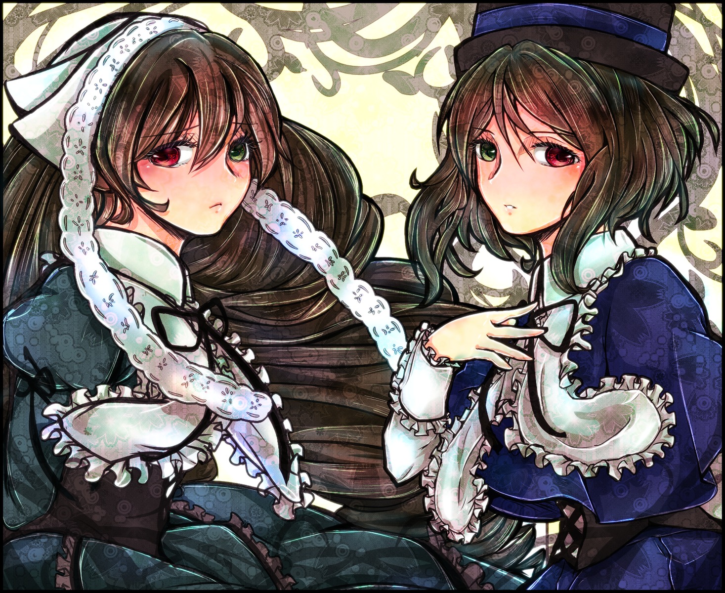 2girls brown_hair dress frills green_dress hat heterochromia image letterboxed long_hair long_sleeves looking_at_viewer multiple_girls pair red_eyes short_hair siblings sisters souseiseki suiseiseki twins