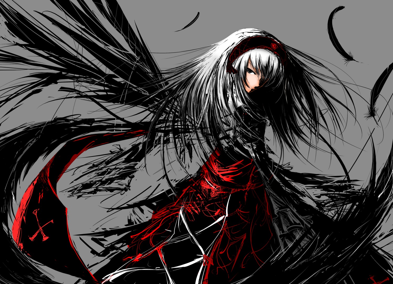 1girl black_wings dress feathers grey_background hairband image long_hair solo suigintou weapon wings