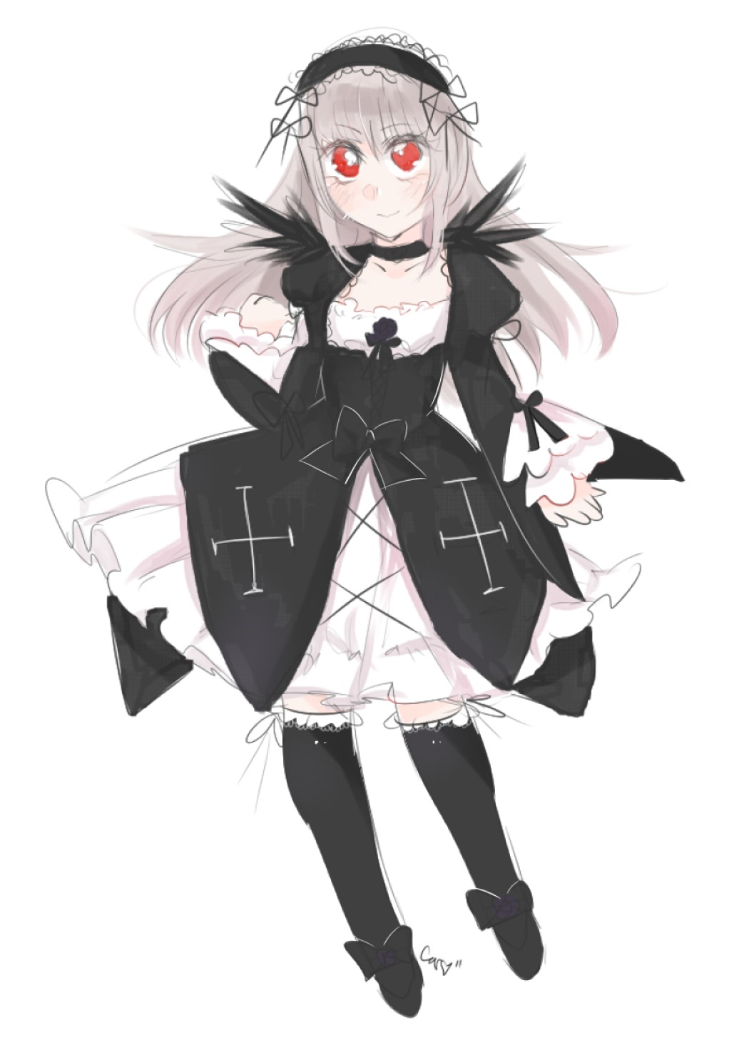 1girl black_legwear black_ribbon black_wings choker dress frilled_sleeves frills full_body hairband image juliet_sleeves lolita_hairband long_hair long_sleeves looking_at_viewer red_eyes ribbon simple_background smile solo suigintou thighhighs white_background wings